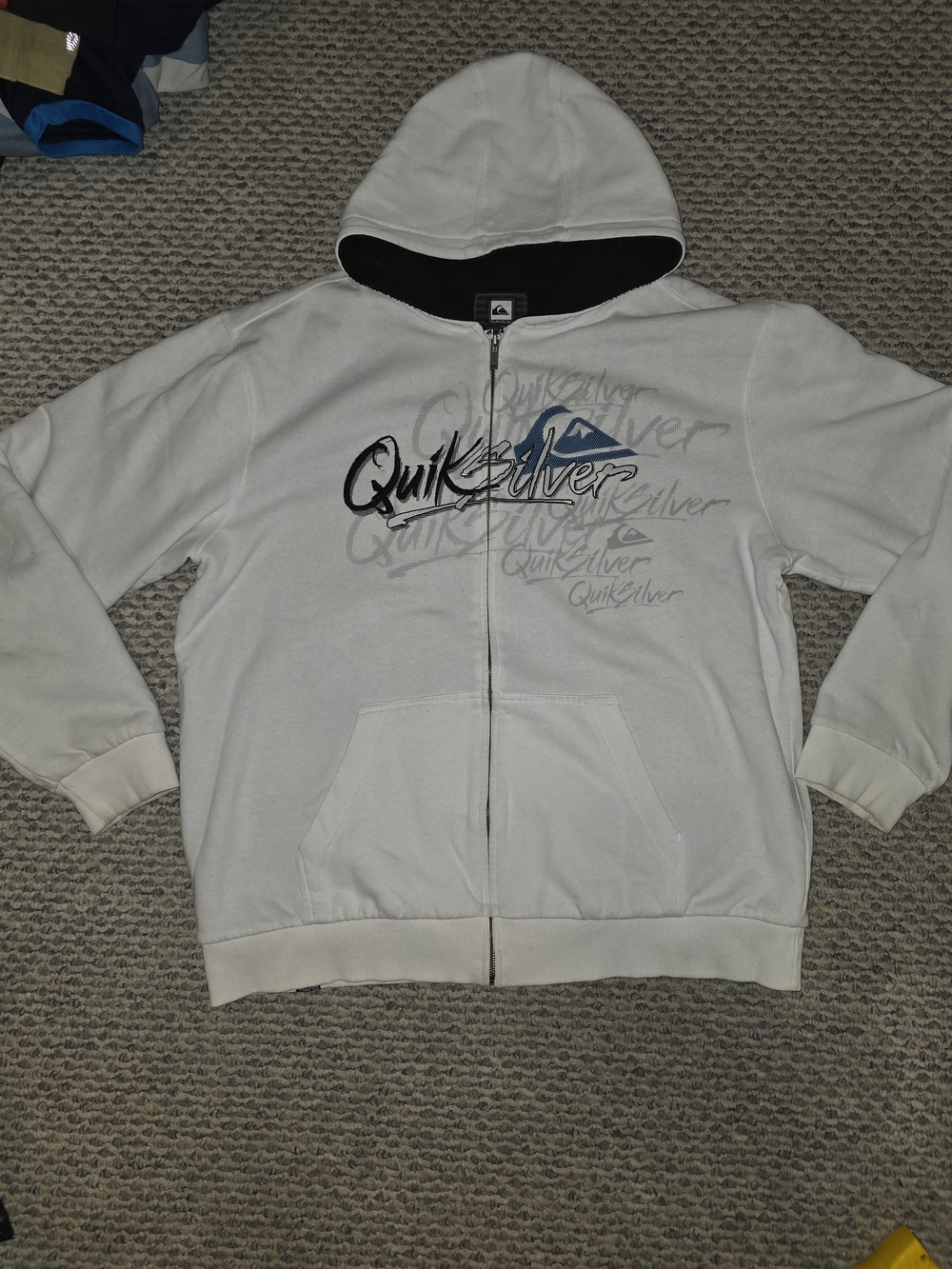 Y2k Quiksilver Men’s White Zip-Up Hoodie with Blue Logo